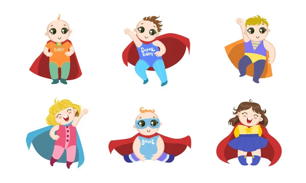 Conjunto de bebês de criança super-herói bonito, meninos e meninas adoráveis felizes em trajes de super-herói e ilustração vetorial Capes — Vetor de Stock