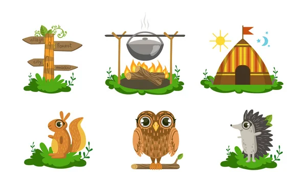 Cute Woodland Animals and Camping Elements Set, Squirrel, Wooden Signpost, Campfire with Cauldron, Tent, Owl, Hedgehog Vector Illustration — Stock Vector