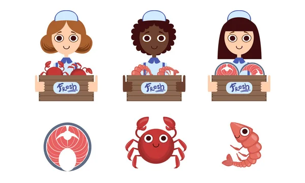 Seafood Market Design Elements Set, Female Sellers in Uniform Holding Wooden Crates with Freshness Fish Vector Illustration — Stock Vector