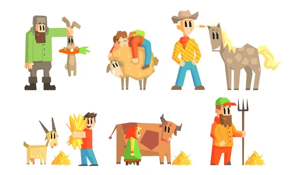 People Working on Farm Set, Farmers Caring, Feeding and Milking of Domestic Farm Animals Vector Illustration — Stock Vector