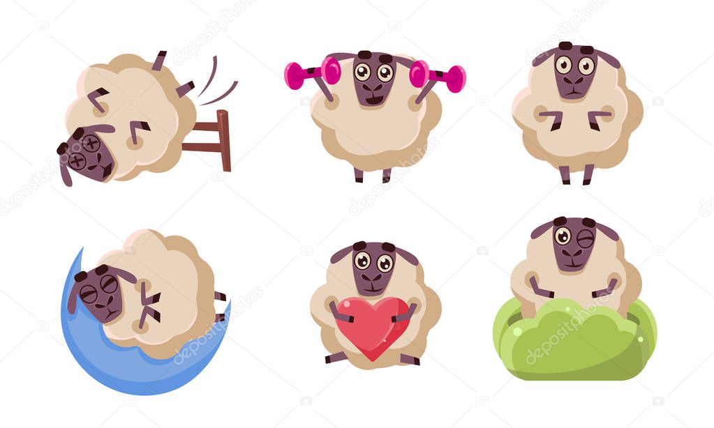 Cute Sheep Character Set, Funny Farm Animal in Different Situations, Sheep Sleeping, Doing Sports, Dying, Hiding in Bushes Vector Illustration