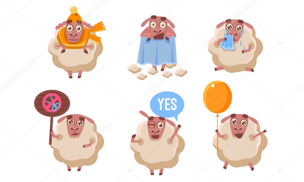 Cute Funny Sheep Character Set, Adorable Farm Animal in Different Situations Vector Illustration