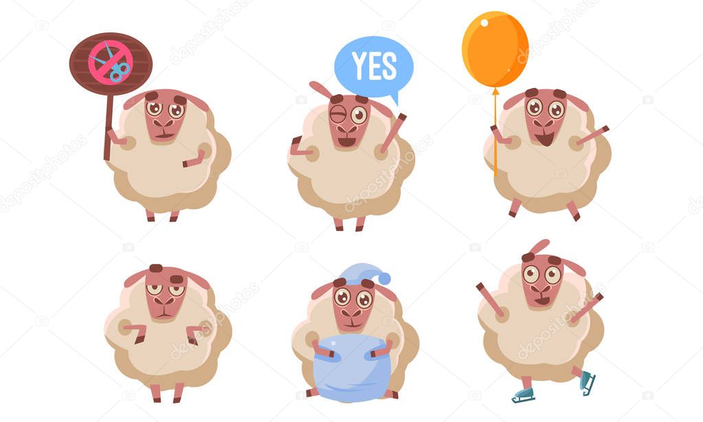 Cute Sheep Character Set, Funny Farm Animal in Different Situations Vector Illustration
