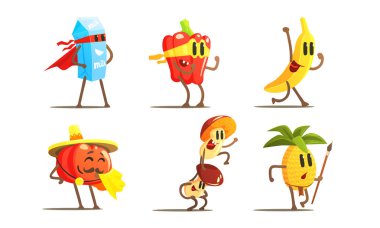 Maskeler ve Pelerin seti süper kahraman gıda, Kostümler Vektör İllüstrasyon Komik Humanized Karakterler