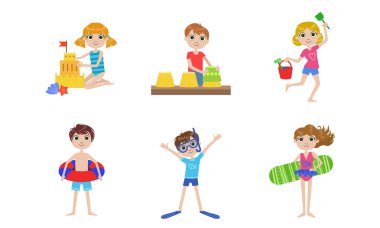 Yaz Kids Açık Hava Etkinlikleri Seti, Erkek ve Kız Yüzme, Kum ile Oynamak, Kumdan Kale Vektör İllüstrasyon Yapma