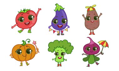 Renkli Sevimli kawaii Sebze Seti, Komik Yüzler ile Vejetaryen Gıda Karakterleri, Domates, Patlıcan, Patates, Kabak, Brokoli, Pancar Vektör İllüstrasyon