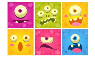 Sevimli Canavar Yüzler Set, Komik Renkli Kare Mutant Emojis Farklı Duygular Vektör İllüstrasyon ile