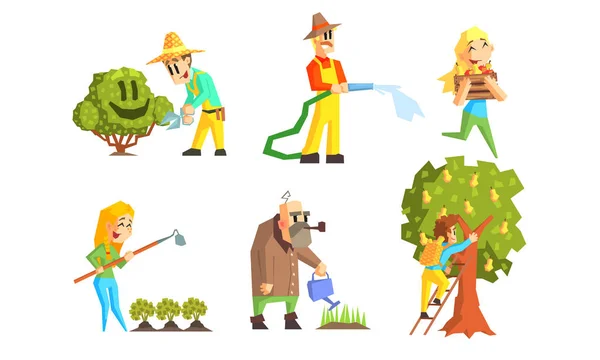 People Working in Garden Set, Cheerful Farmers Watering Plants, Harvesting, Trimming Bush, Spudding Potatoes Vector Illustration — Stock Vector