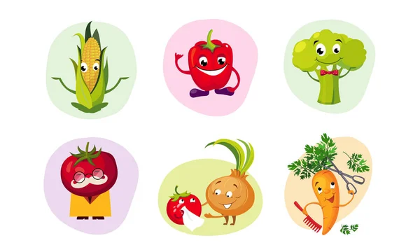 Rozkošná šťastná zelenina postavy sada, zábavné figurky s usmívajícími se tvářemi, Corncob, rajčete, brokolice, cibule, mrkev a pepř — Stockový vektor