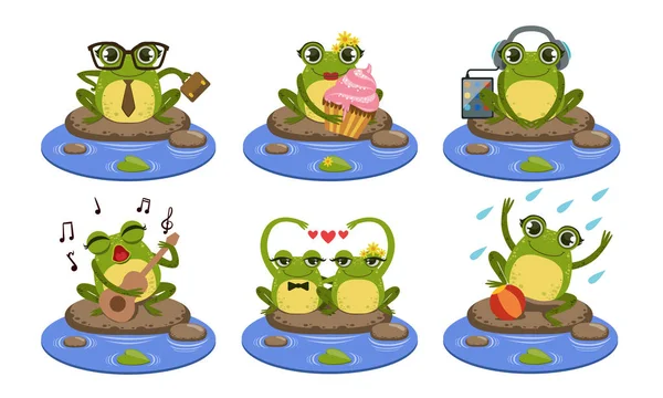 Funny Frog Characters Set, Cute Humanized Amphibian Animal in Different Situations Vector Illustration — Stock Vector