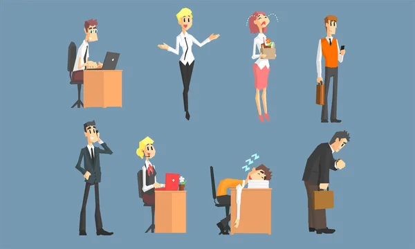 Obchodní postavy pracující v sadě Office, vedoucí mužů a žen v různých situacích vektorová ilustrace — Stockový vektor