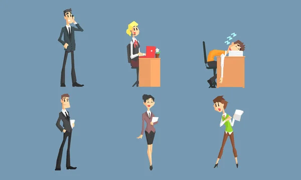 Znaki biznesowe praca w pakiecie Office, mężczyzna i kobieta menedżerowie wektor ilustracja — Wektor stockowy