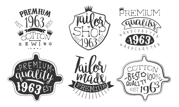 Tailor Shop Premium Retro Labels Set, Best Quality Cotton Hand Drawn Badges Monochrome Vector Illustration — Stock Vector