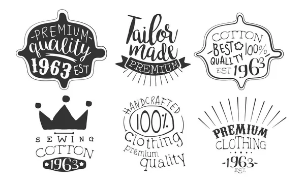 Tailor Made Premium Quality Retro Labels Set, Sewing Cotton Hand Drawn Badges Monochrome Vector Illustration — Stock Vector