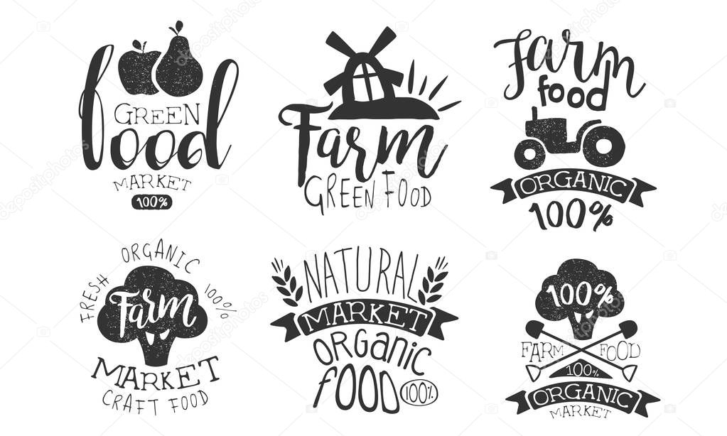 Green Food Market Retro Labels Set, Fresh Organic Natural Food Hand Drawn Badges Monochrome Vector Illustration