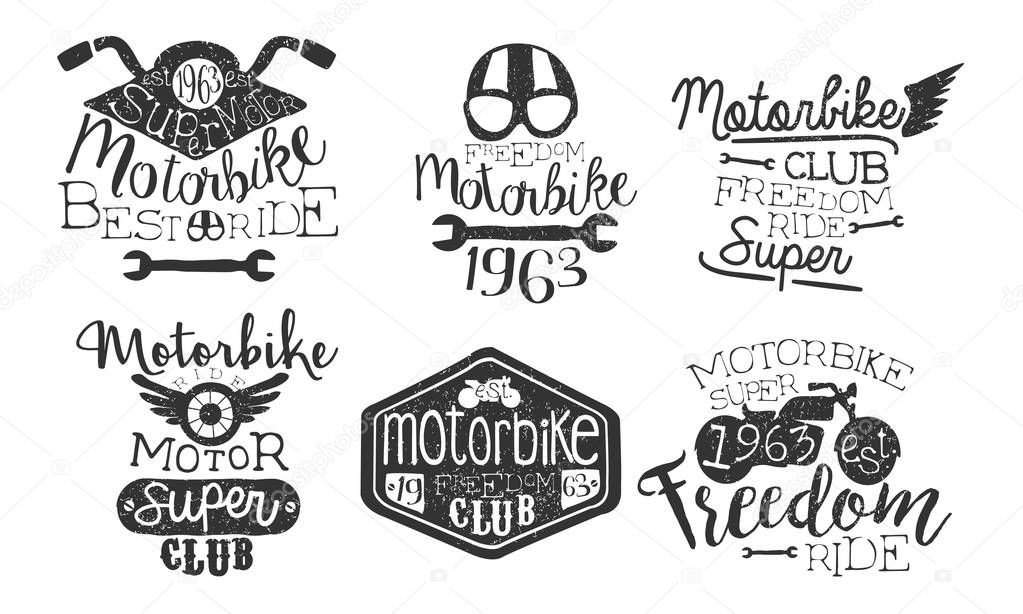 Motorbike Club Retro Labels Set, Freedom Ride Hand Drawn Badges Monochrome Vector Illustration on White Background.