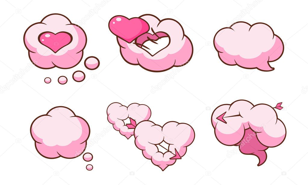 Pink Heart Shaped Clouds and Speech Bubbles Set, Saint Valentines Day Design Elements Vector Illustration