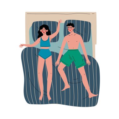 Çift İç Çamaşırı Çift Yatakta Birlikte Sleeping, Yukarıdan Görünüm Vektör İllüstrasyon