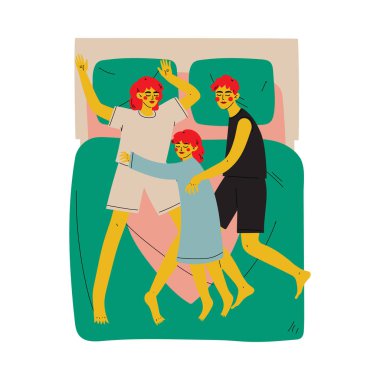 Anne, Baba ve Kızı Yatakta Birlikte Yatarken, Koca, Karı ve Çocuk Yukarıdan Vektör Çizimi'nden Birbirlerini Kucaklayan