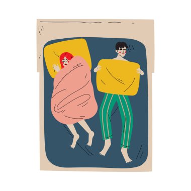 Aile Çift Gece Çift Yatakta Birlikte Sleeping, Yukarıdan Vektör İllüstrasyon Dan Görünüm