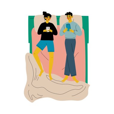 Ffamily Çift Akıllı Telefonlar ile Çift Yatakta Yatan Yukarıdan Vektör İllüstrasyon Dan Görünüm