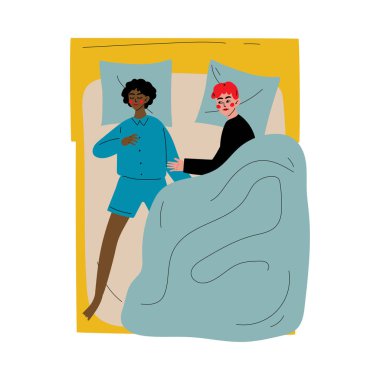 Irklararası Çift Yukarıdan Vektör İllüstrasyon Gece Görünümü yatakta birlikte uyku