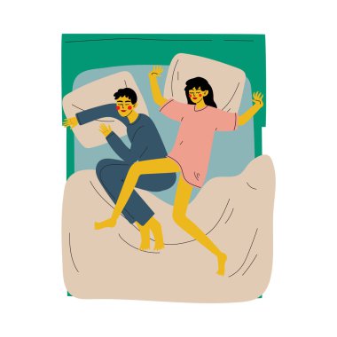 Yatakta Uyuyan Çift, Nigh'de Uyuyan Karı Koca, Yukarıdan Vektör Çizimi Görüntüle