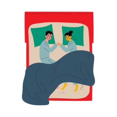 Aile Çift Birlikte Tutarak Uyku, Aile Gece Çift Yatakta Yatan, Yukarıdan Görünüm Vektör İllüstrasyon