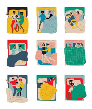Gece Setinde Uyuyanlar, Farklı Pozlarda Çift Kişilik Yatakta Yatan Aile Çiftleri, Çocuklarıyla Uyuyan Ebeveynler, Yukarıdan Vektör Çizimi
