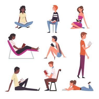 Kitap Okuyan Kişiler Seti, Genç Erkek ve Kadın Rahatlatıcı, Sxamination Vektör İllüstrasyon Için Eğitim veya Hazırlık Öğrenciler