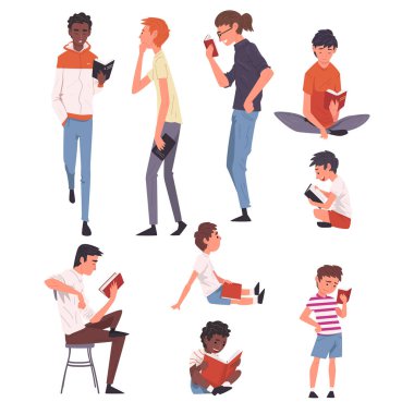 İnsanlar Kitap Seti Okuma Seti, Genç Erkekler ve Erkek Çocuklar Rahatlatıcı, Öğrenciler Eğitim veya Sxamination Vektör İllüstrasyon için hazırlanıyor