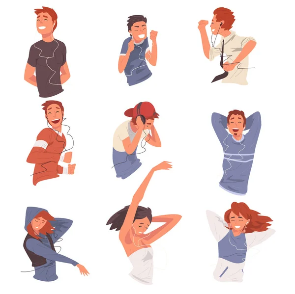 Happy People Listening to Music Wearing earphones and Headphones and Dancing Set, Happy Teen Boys and Girls Using Mobile Devices Vector Illustration — стоковый вектор