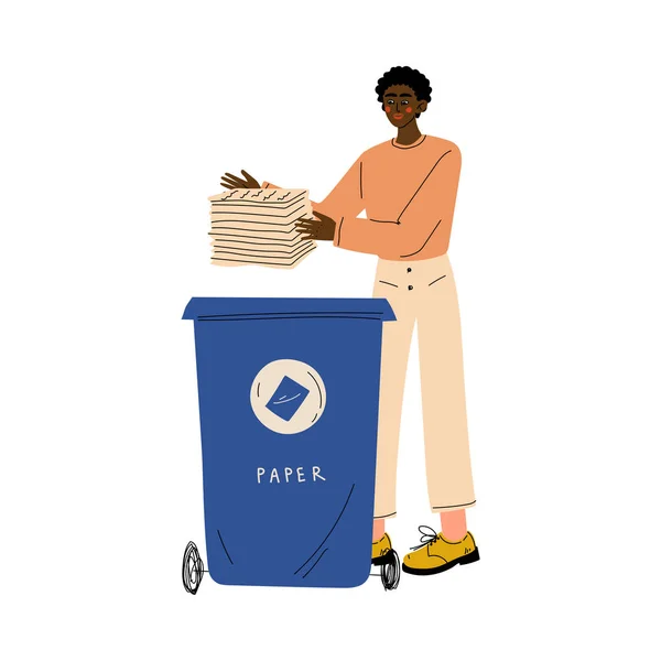 African American man gooien papierafval in vuilnis container, Guy sorteren afval voor verdere verwerking vector illustratie — Stockvector