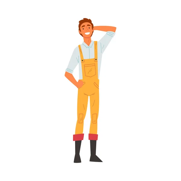 Lächelnde männliche Bauarbeiterfigur in Overalls, Bauingenieur, Reparateur, Vorarbeiter oder Handwerker Vektor Illustration — Stockvektor