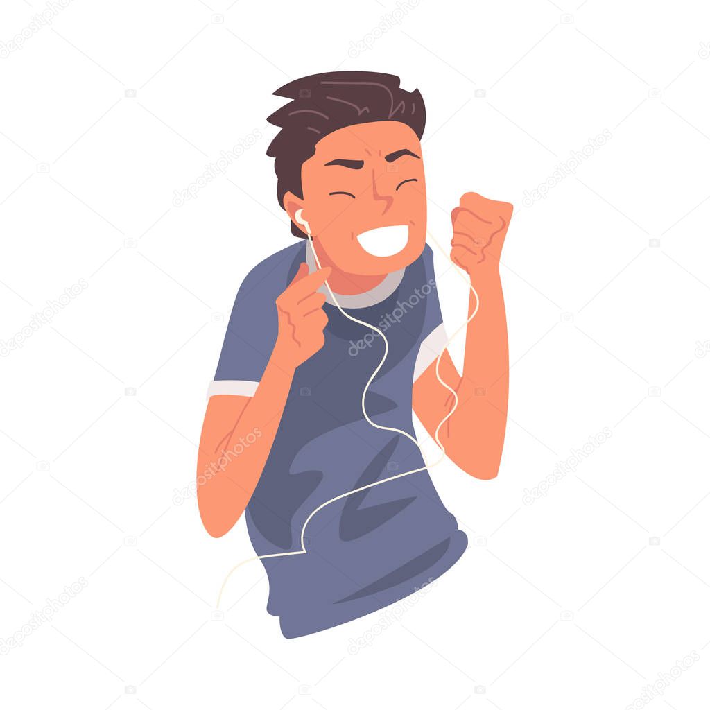 Happy Guy Wearing Earphones Listening to Music and Dancing, Happy Boy Using Smartphone or Audio Player Vector Illustration