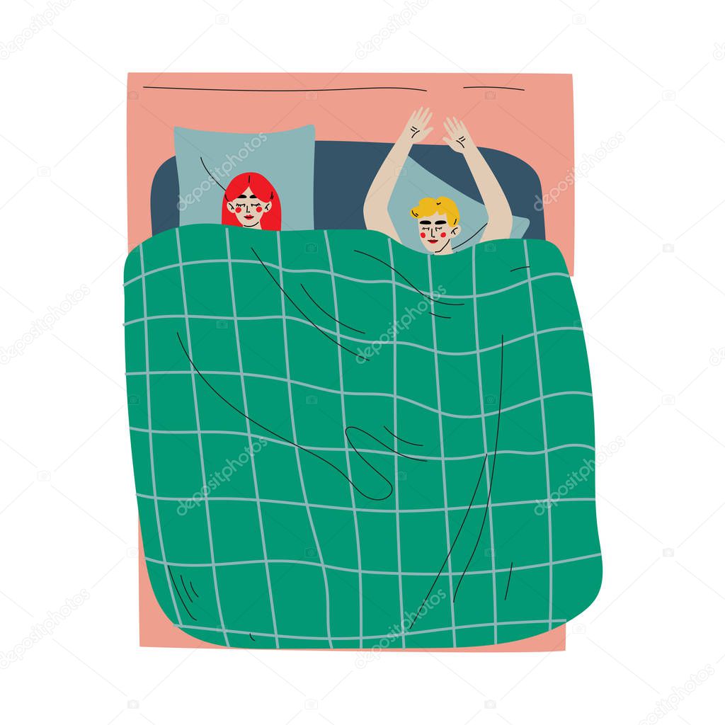 Couple Sleeping in Bed Together Under Blanket, View From Above Vector Illustration
