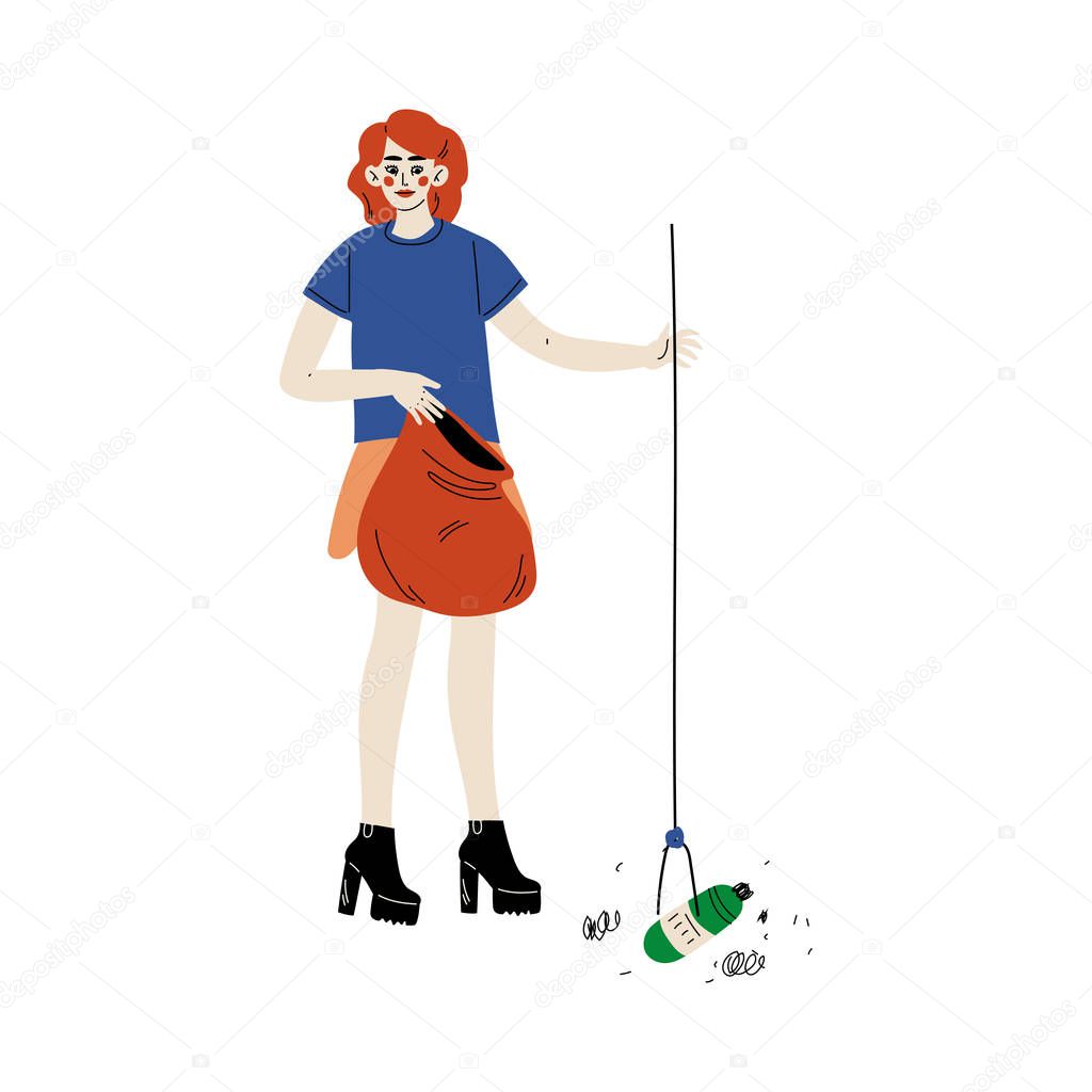 Girl Gathering Garbage and Waste for Recycling, Female Volunteer Picking Up Plastic Garbage in Park, Volunteering, Ecological Lifestyle Vector Illustration