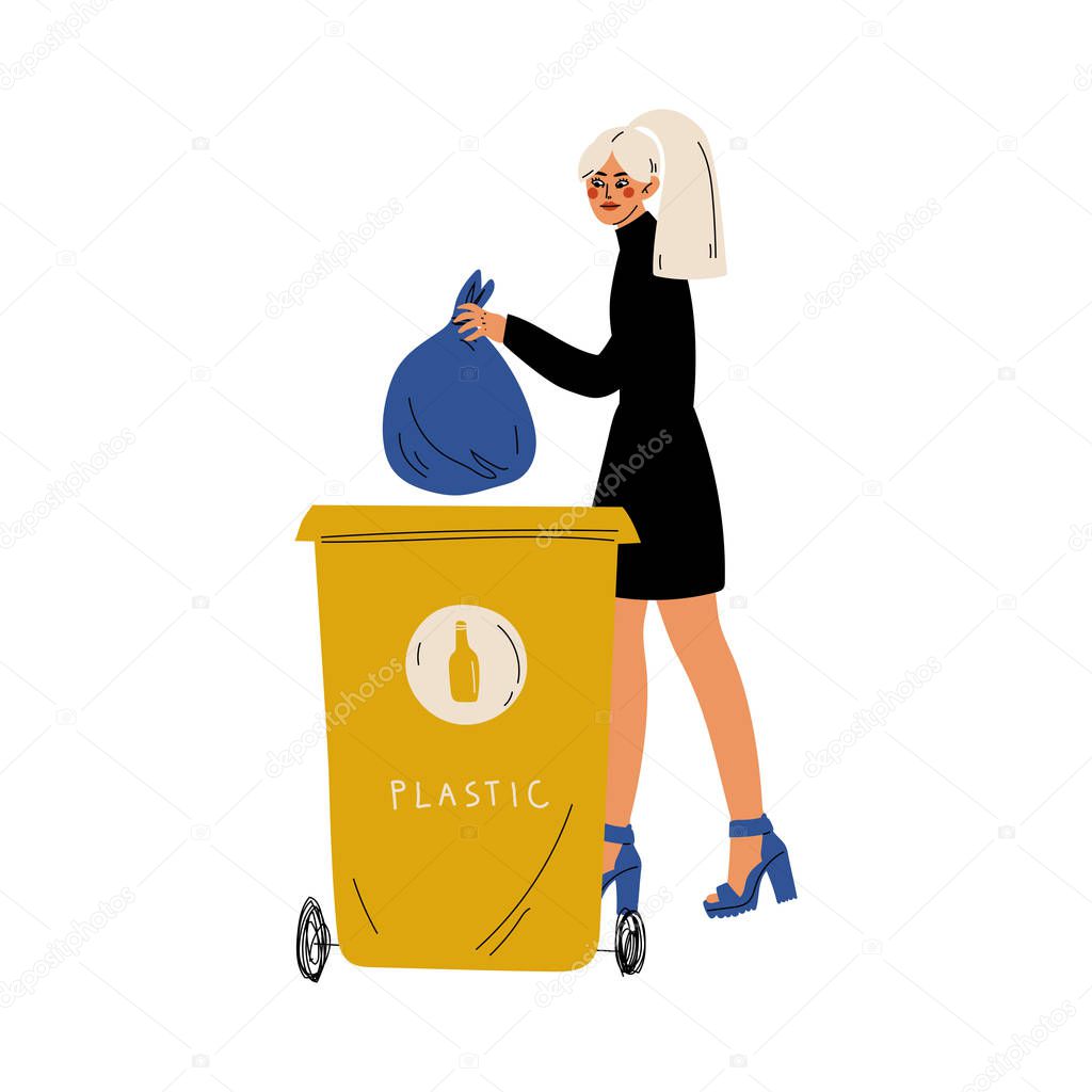 Young Woman Holding Trash Sack of Plastic Waste Near Garbage Container, Girl Throwing Plastic Bag into Trash Bin, People Sorting Waste for Further Processing Vector Illustration