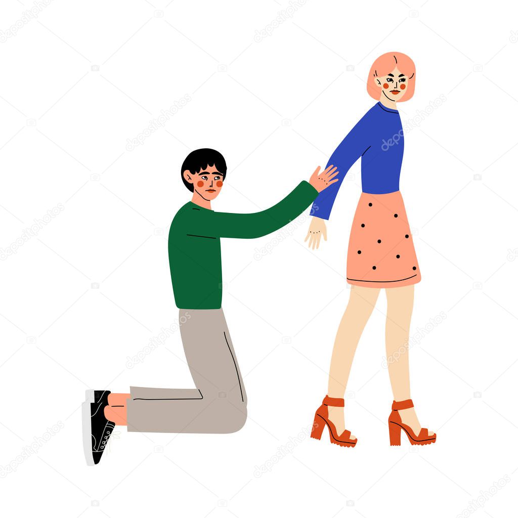 Young Couple Quarreling, Young Man Kneeling and Begging, Disagreement in Relationship, Negative Emotions Vector Illustration