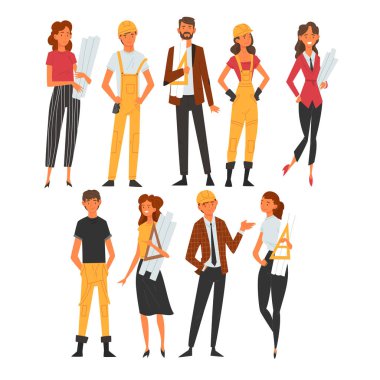 Yapı İşçileri ve Mimarlar Karakterleri Seti, Erkek ve Kadın Profesyonel İnşaat İşçileri Vektör İllüstrasyon