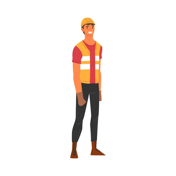 Uśmiechnięty mężczyzna budynek pracownik charakter z Hard Hat kask i pomarańczowa kamizelka, inżynier budownictwa, naprawa pracownik wektor ilustracji — Wektor stockowy