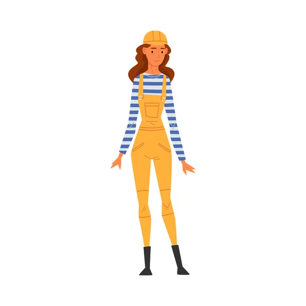 Female Building Worker Character Wearing Hard Hat Helmet and Overalls, Construction Engineer, Repair Worker Vector Illustration — Stock Vector