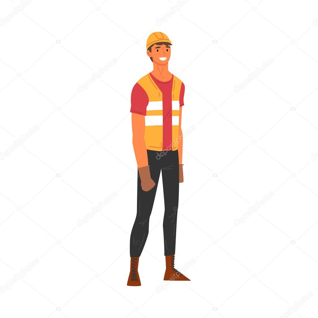 Smiling Male Building Worker Character with Hard Hat Helmet and Orange Vest, Construction Engineer, Repair Worker Vector Illustration