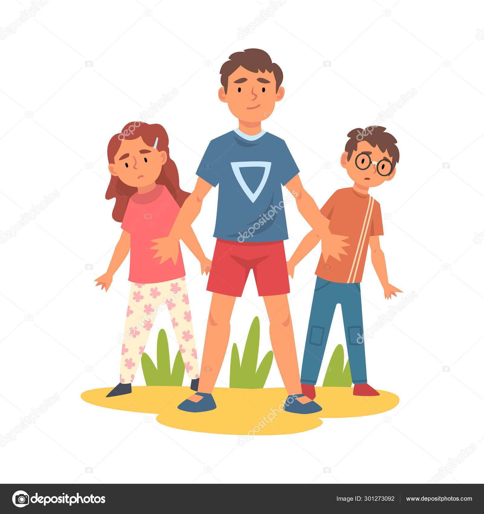 彼の後ろに立つ小さな男の子と女の子を守る勇敢な少年ベクトルイラスト ストックベクター C Topvectors