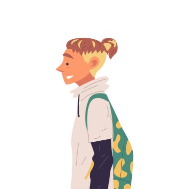 Sırt Çantası ve Moda Saç Modeli Yan Görünüm Vektör İllüstrasyon Gerçek Stil ile Genç Adam