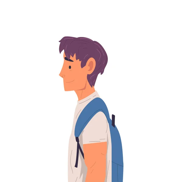 Junger Mann mit Rucksack Seitenansicht Vektor Illustration wahren Stil — Stockvektor