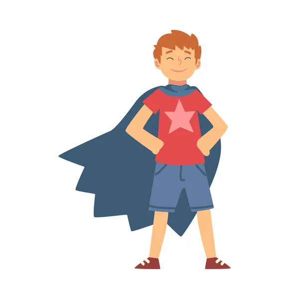 Cute Brave Boy Character in Blue Cape Vector Illustration — Stock Vector