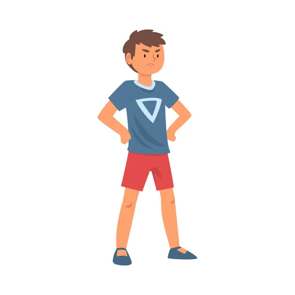 Valiente personaje de niño de pie con las manos en la cintura Vector ilustración — Vector de stock