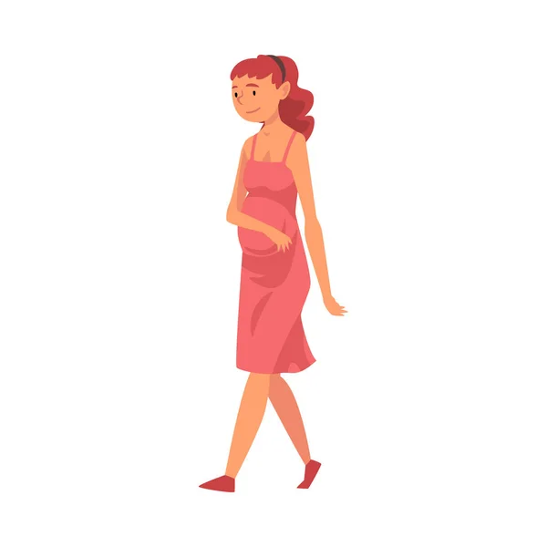 Personagem de mulher grávida feliz no vestido vermelho andando ilustração vetorial — Vetor de Stock