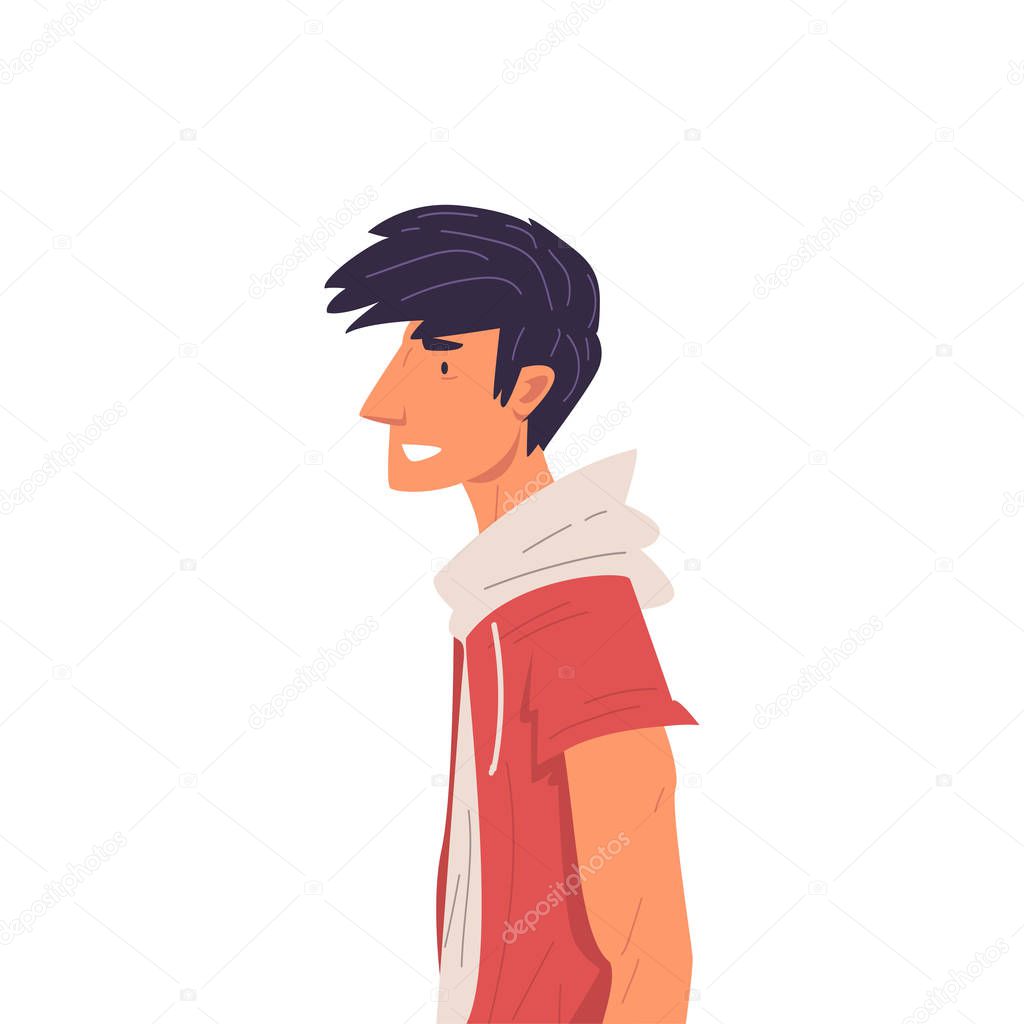 Young Brunette Man Wearing T-shirt with Hood and Short Sleeve Side View Vector Illustration True Style